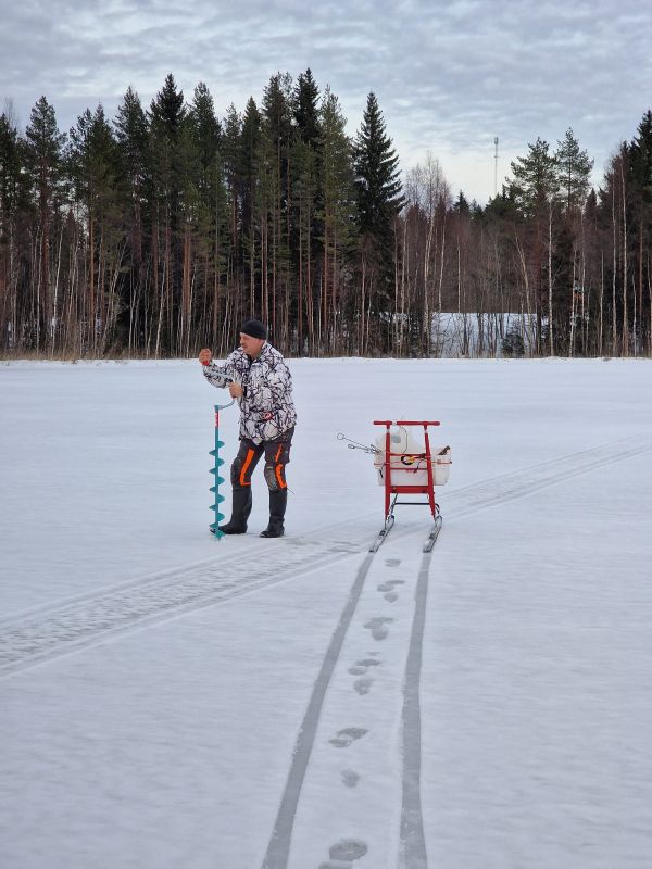 Pilkkijä kairaa avantoa Alasella