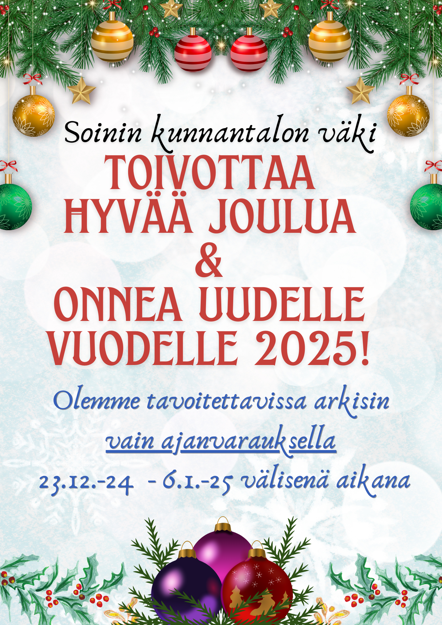 informaatio kunnantalon ajanvarauksesta joulun välipäivinä 2024