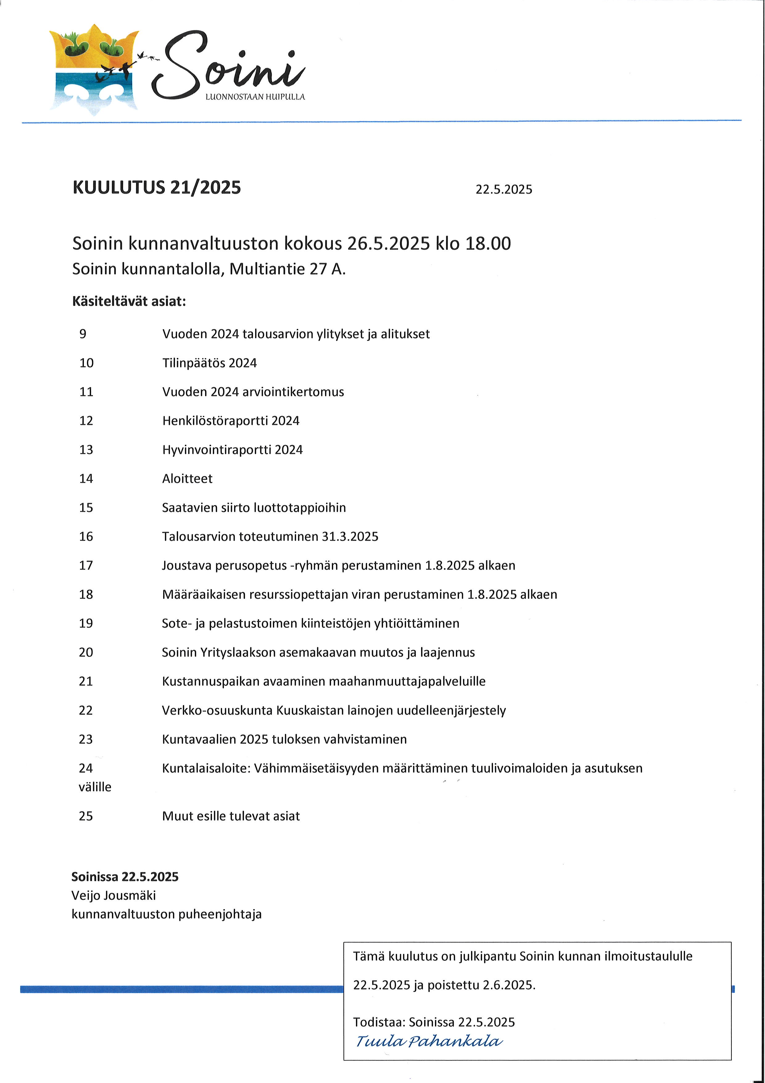 kunnanvaltuuston kokouskutsu ja asialista 26.5.2025 kokoukseen