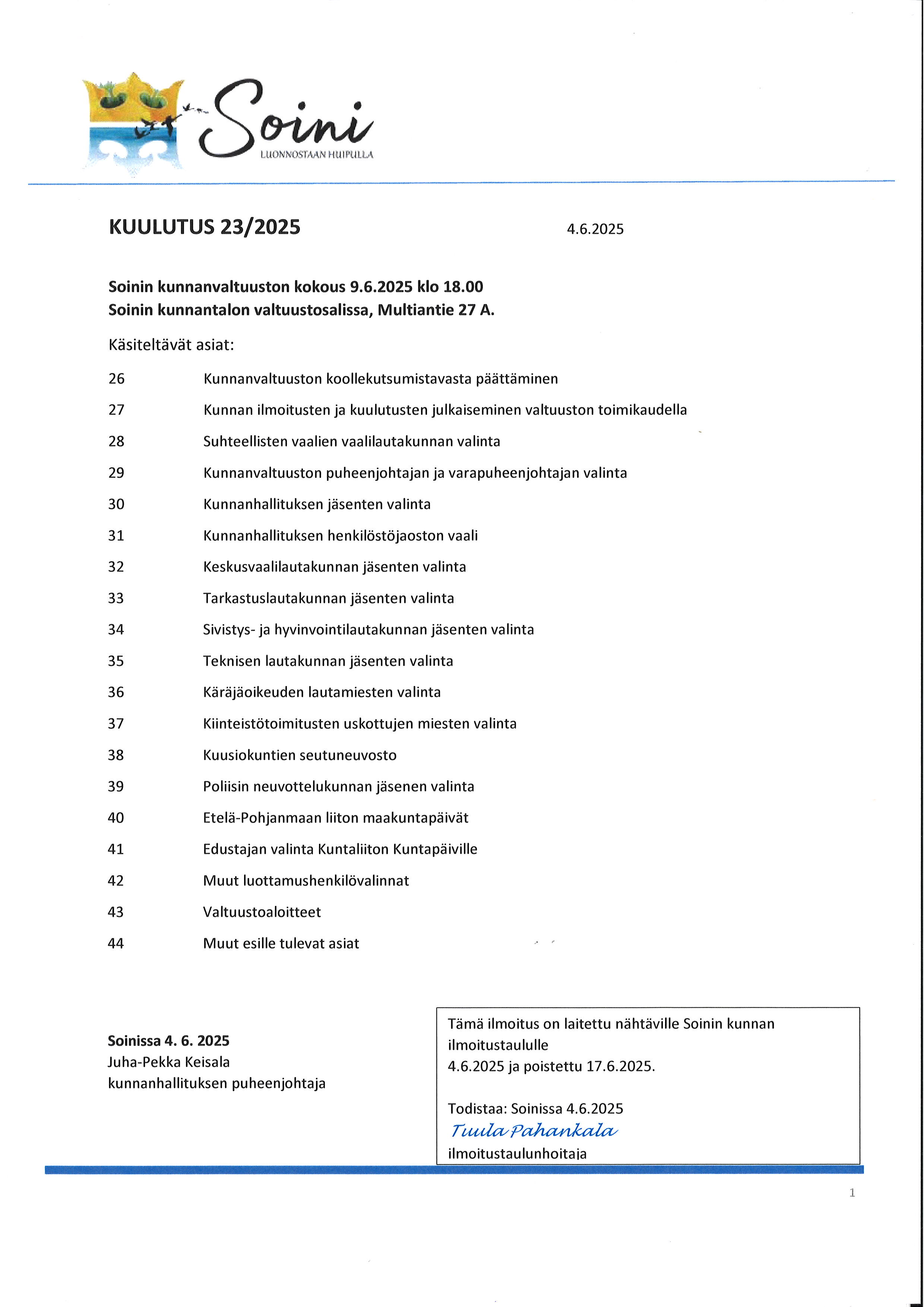 kunnanvaltuuston kokouskutsu ja asialista 9.6.2025 kokoukseen