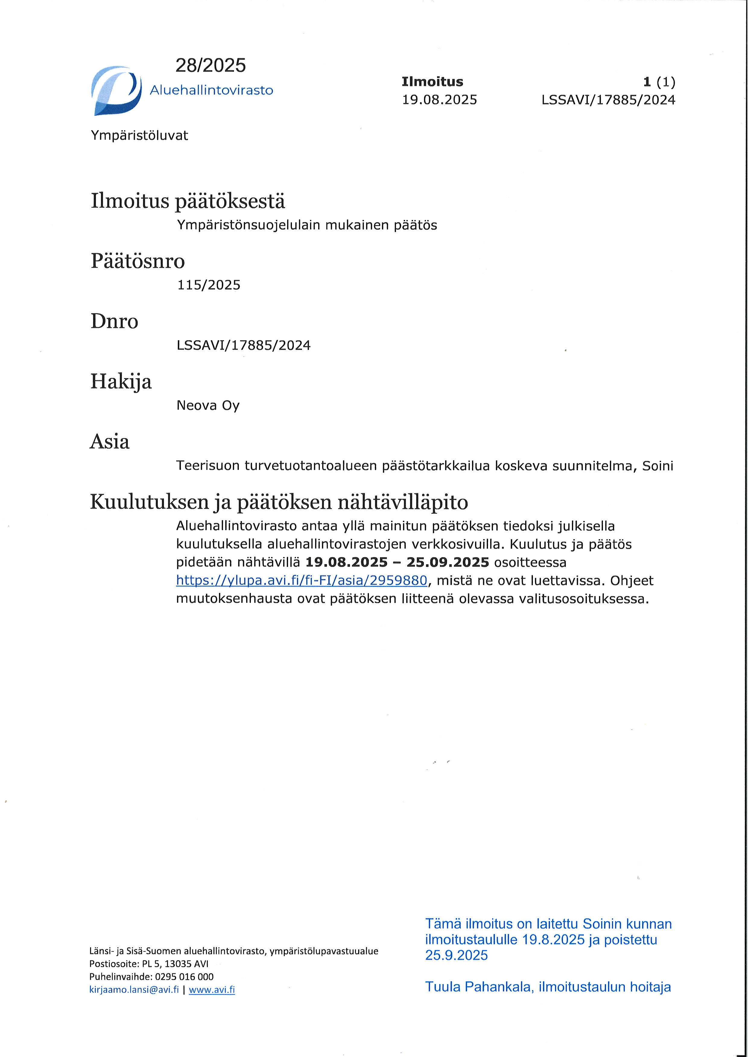 ilmoitus päätöksestä