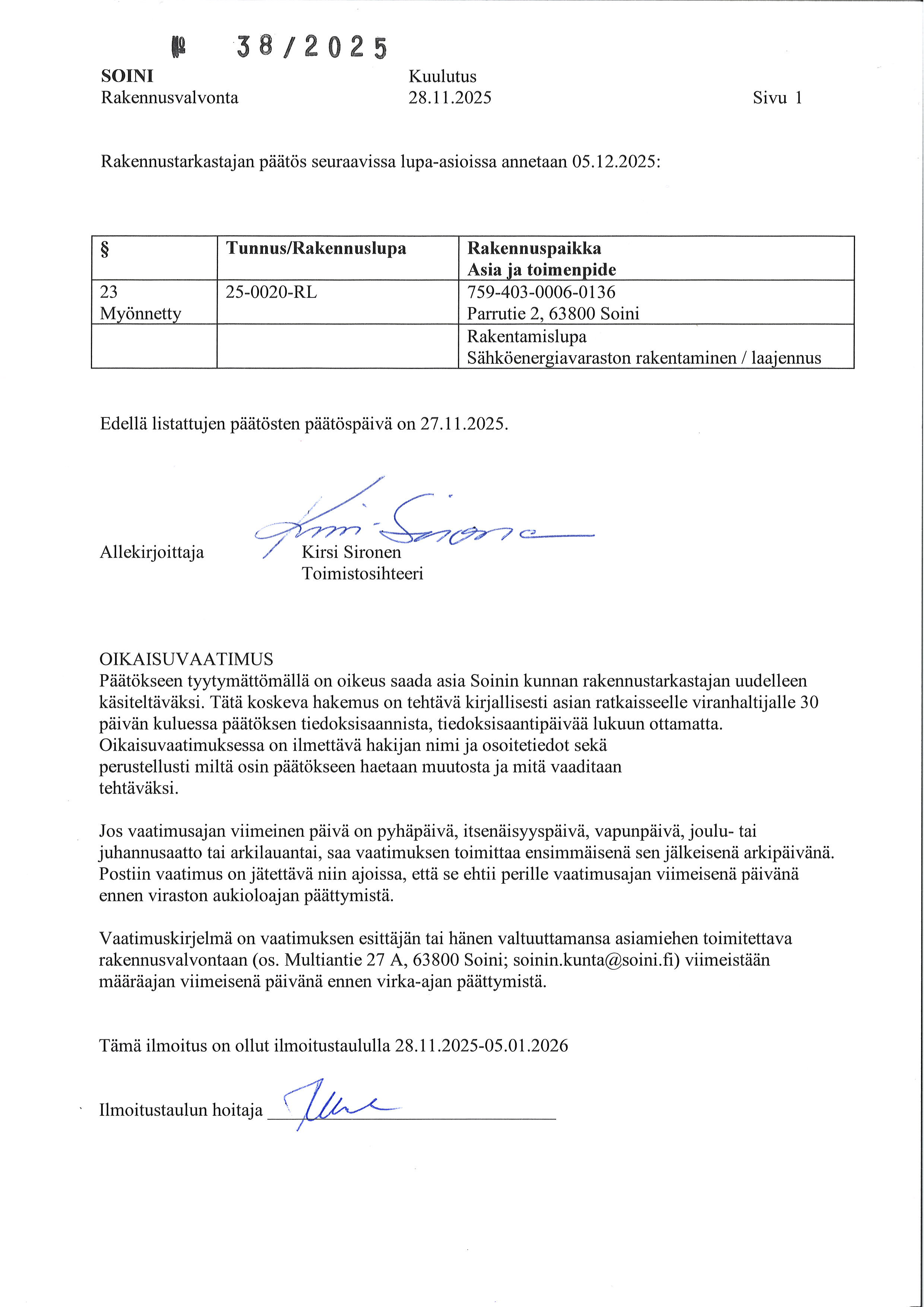 rakennusvalvonnan lupahakemusta koskeva päätös oikaisuvaatimusohjeineen