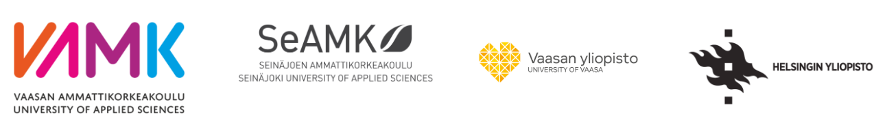 hankkeen toteuttajien logot, vamk, seamk, vaasan yliopisto, helsingin yliopisto