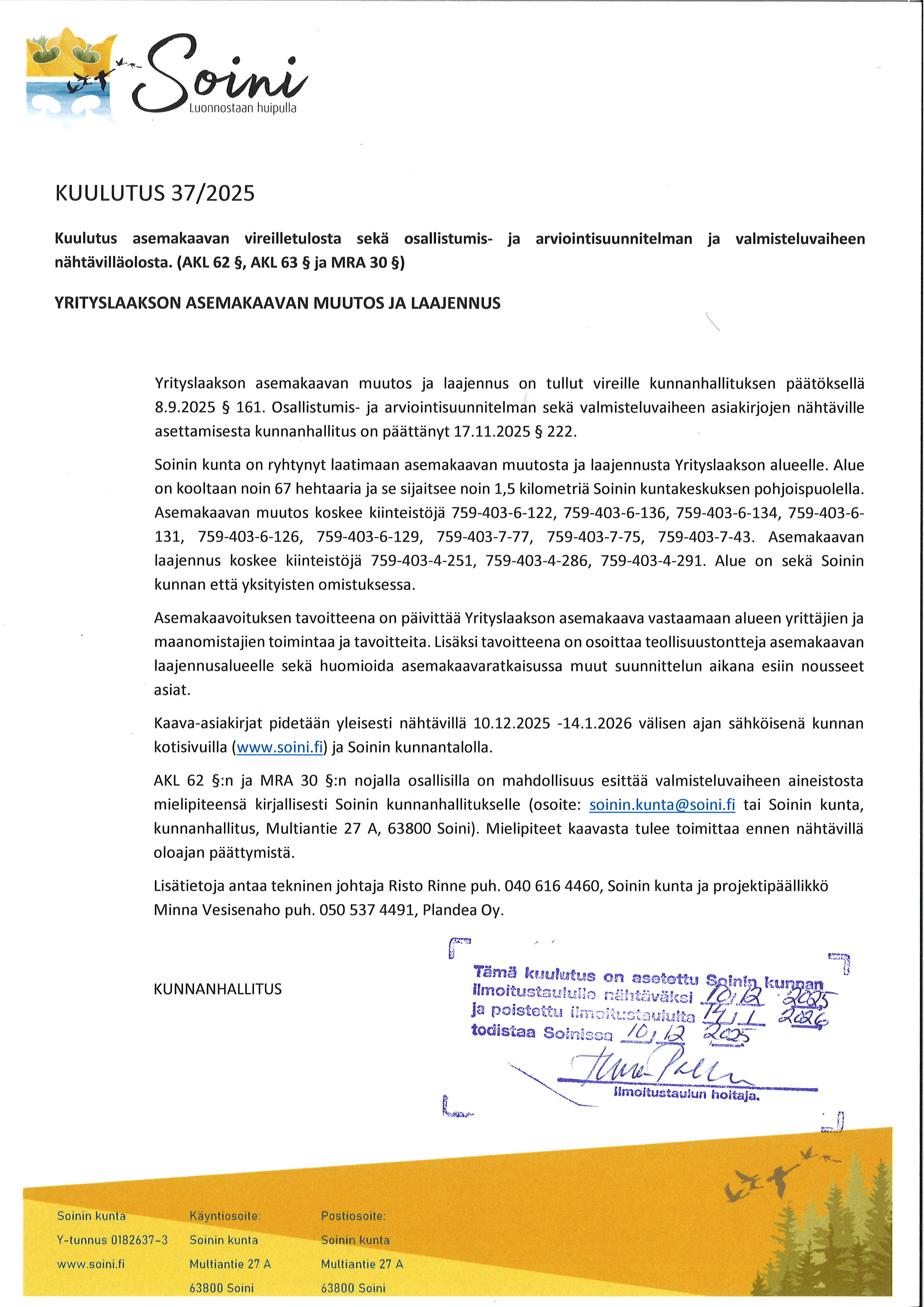 kuulutus Yrityslaakson kaavamuutoksen vireille tulosta ja nähtävillä olosta
