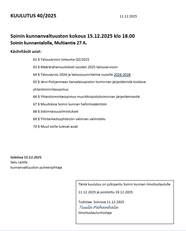 Kunnanvaltuuston kokouskutsu 15.12.2025