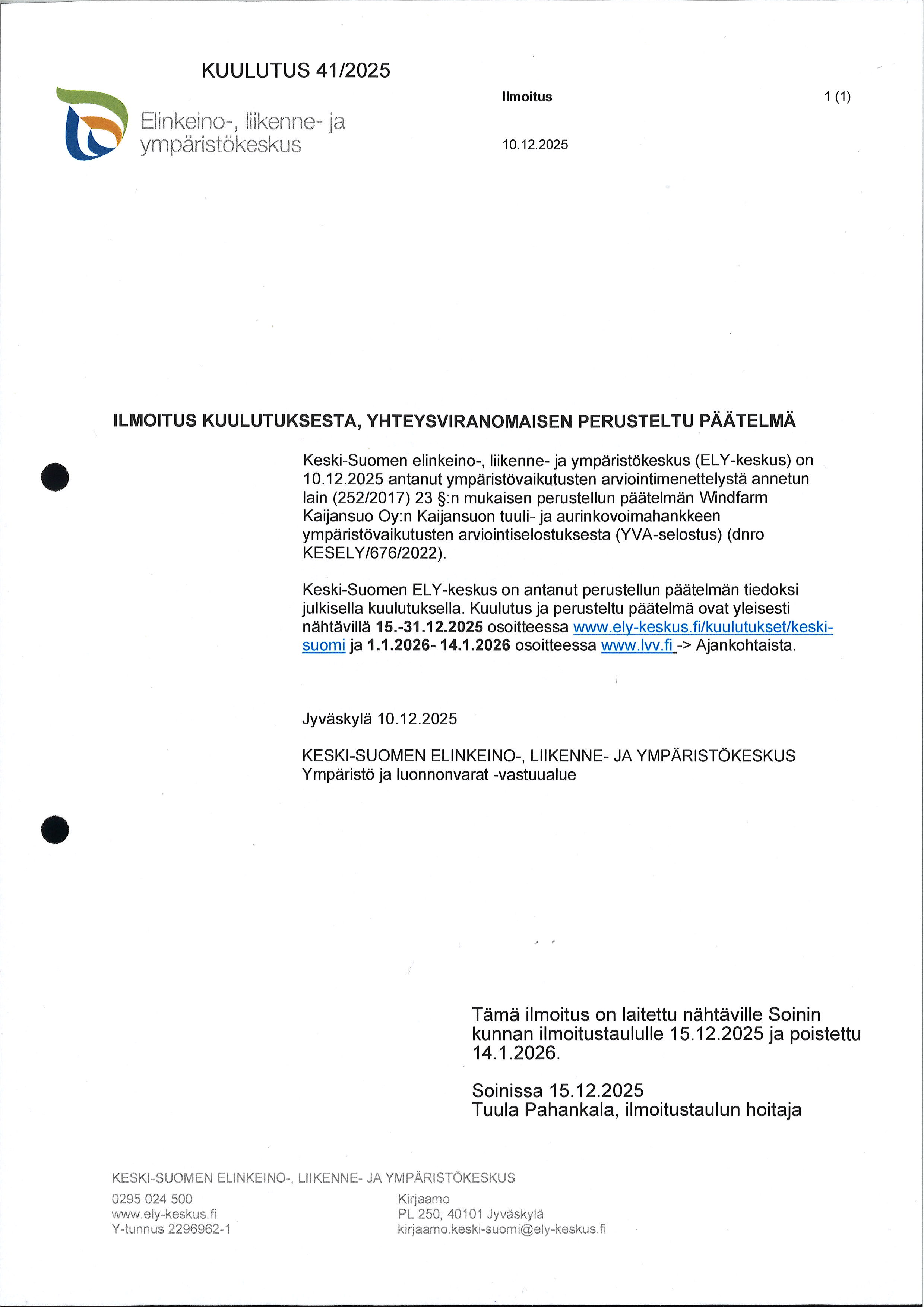 Yhteysviranomaisen perusteltu päätelmä KESELY