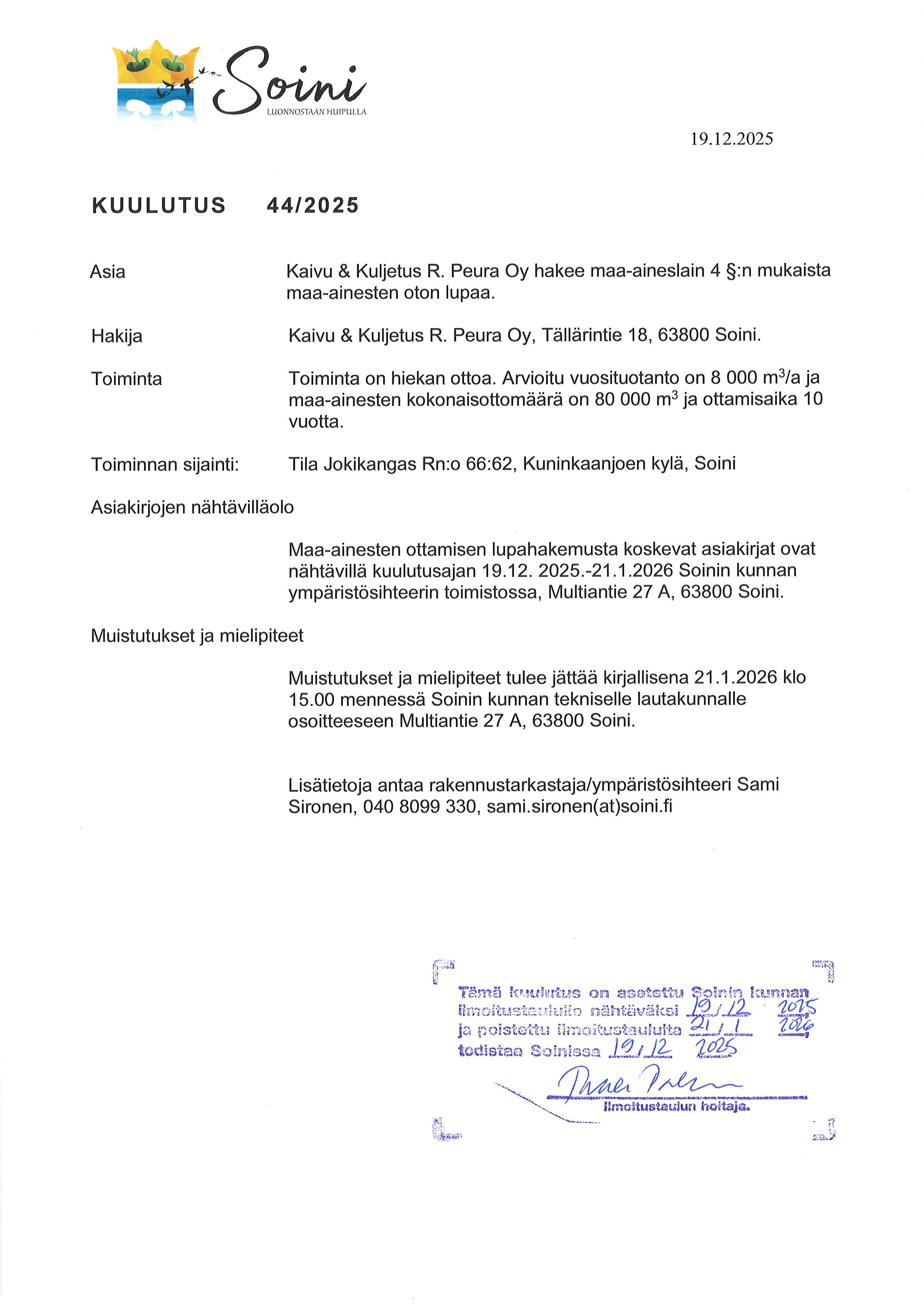 maa-aineslain mukaisen hakemuksen vireilletulokuulutus