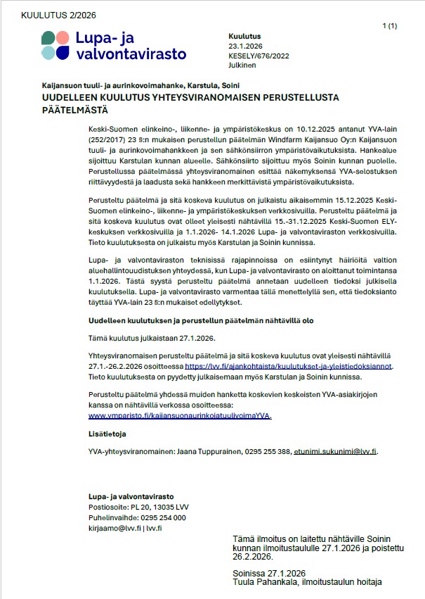 Kaijansuon tv-alueen perusteltu päätelmän uudelleen kuulutus, lupa- ja valvontavirasto