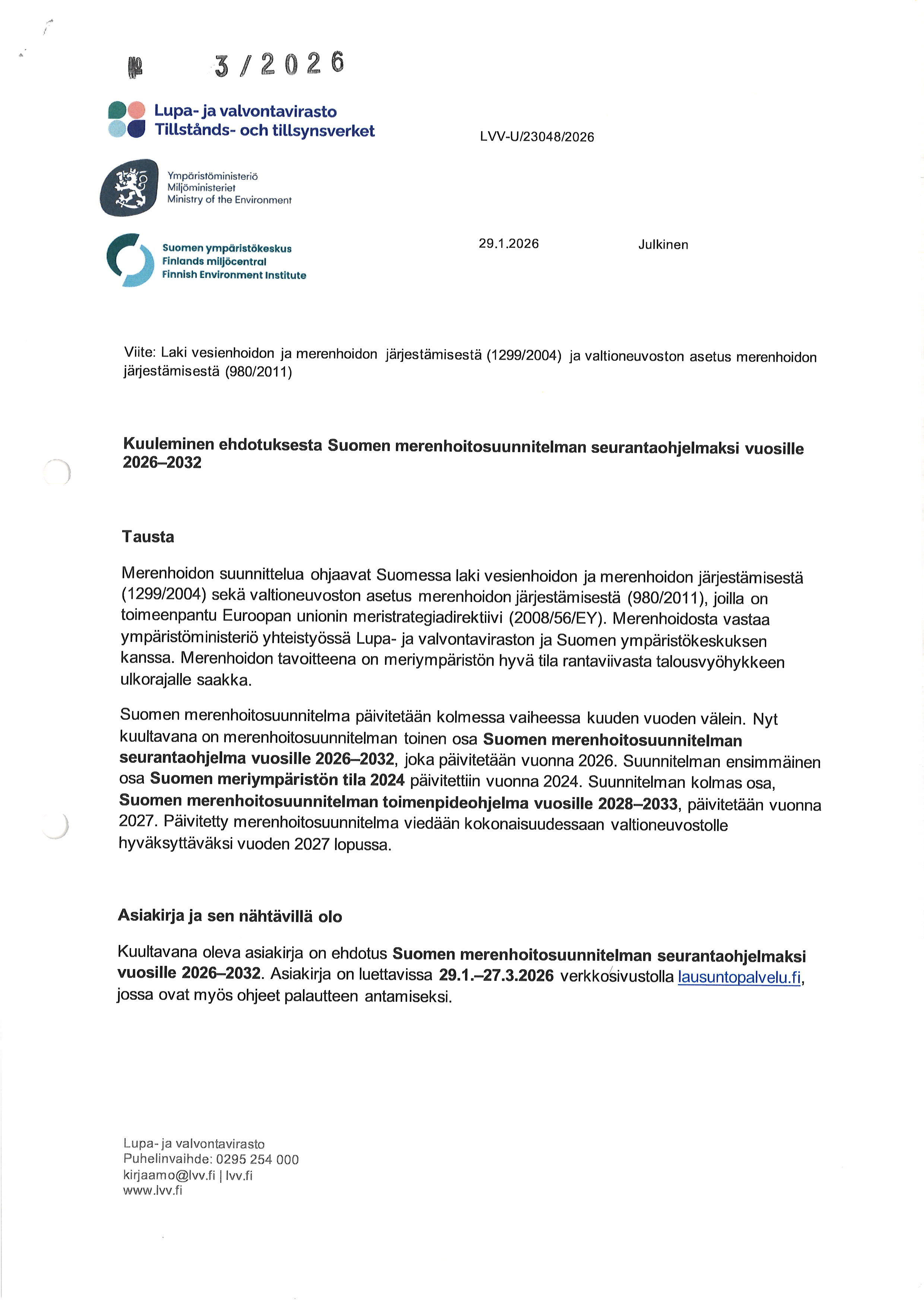 Kuuleminen ehdotuksesta Suomen merenhoitosuunnitelman seurantaohjelmaksi vuosille 2026–2032