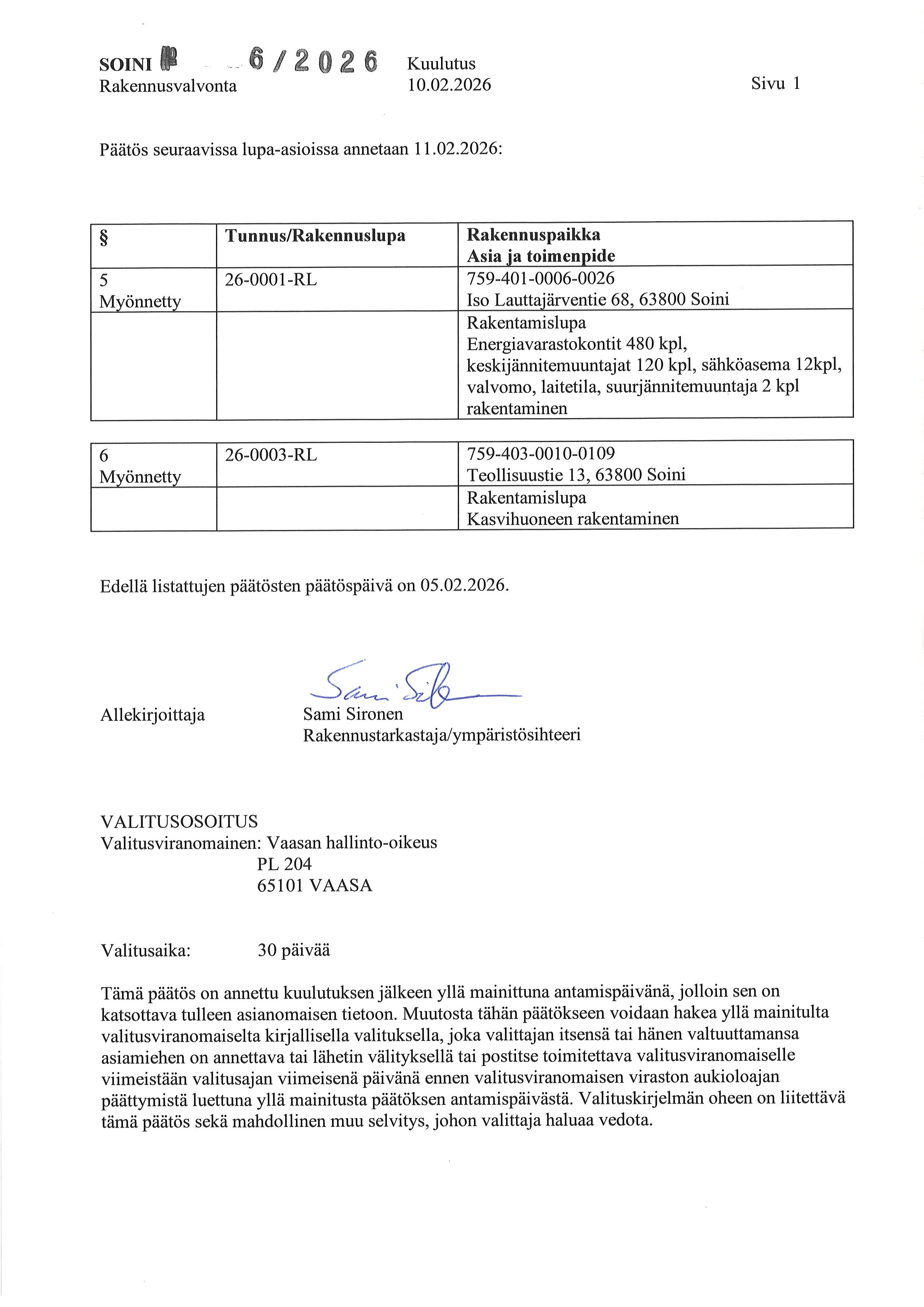rakennusvalvonnan lupahakemuksia koskevia päätöksiä