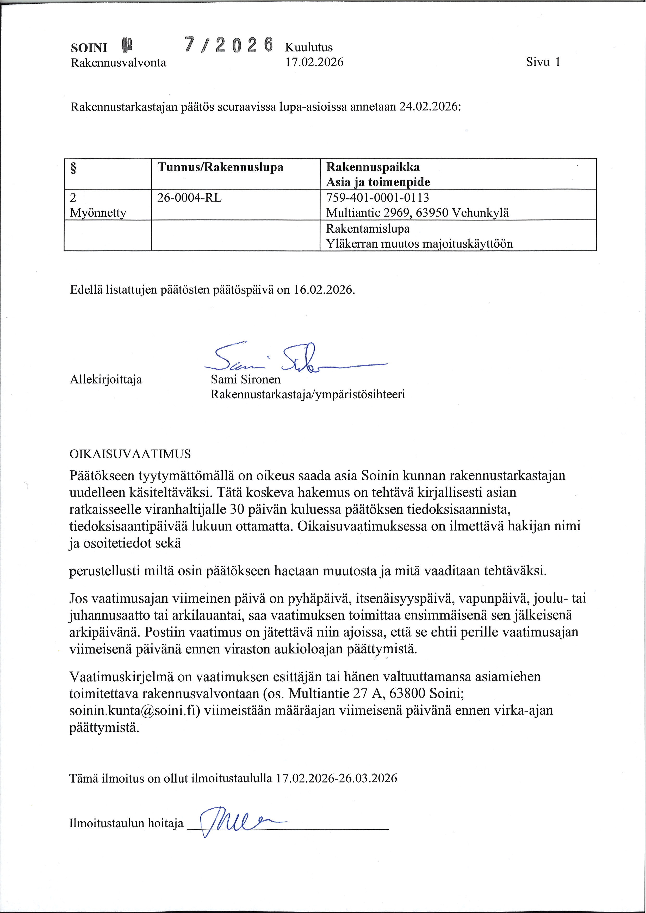 rakennusvalvonnan lupahakemusta koskeva päätös oikaisuvaatimusohjeineen