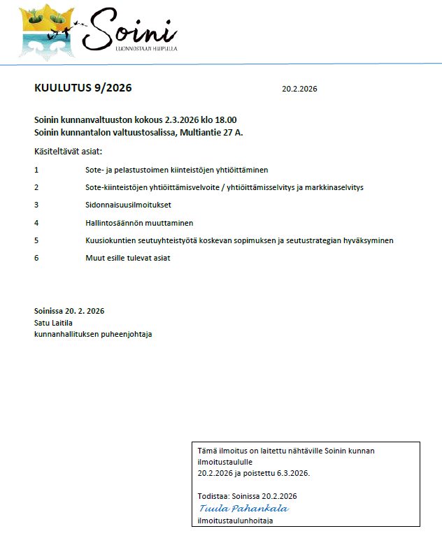 kunnanvaltuuston kokouskutsu 2.3.2026 kokoukseen