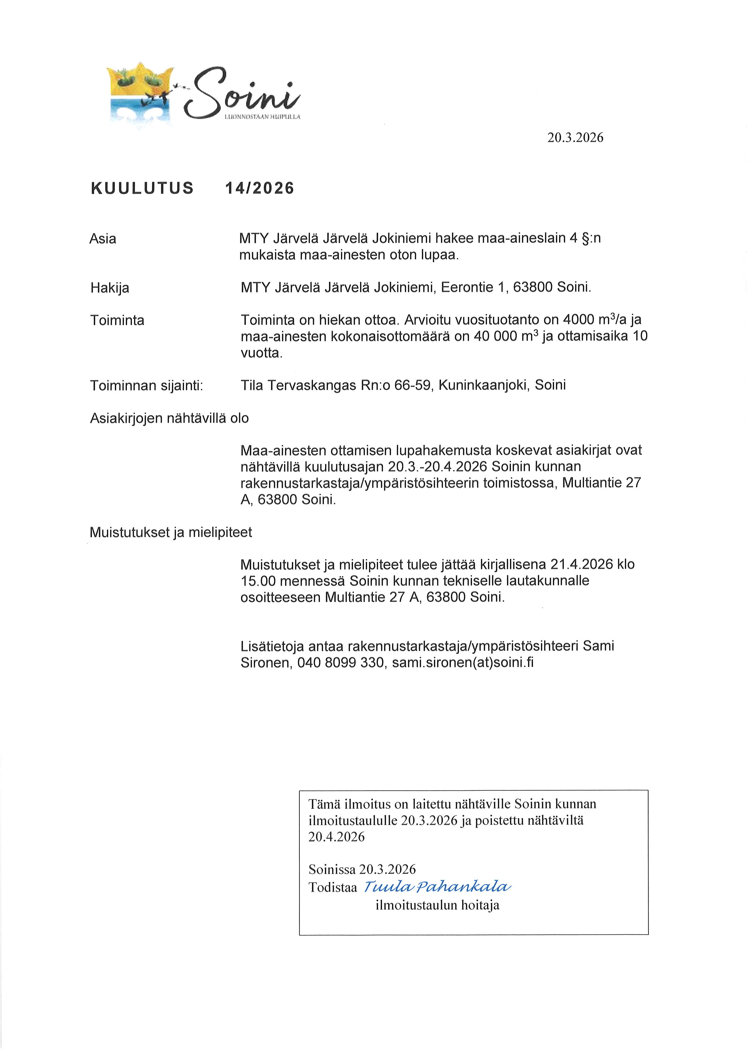 maa-ainesten ottohakemus vireille