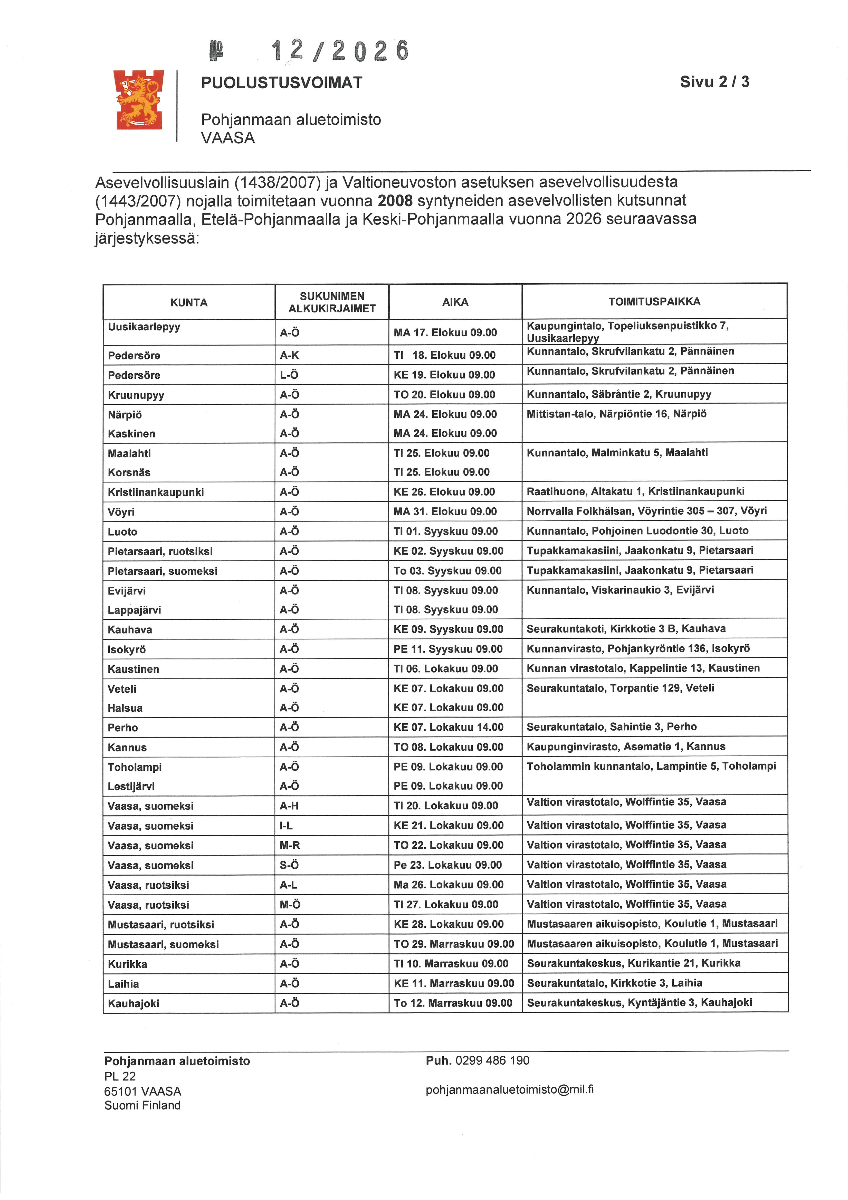 kutsuntojen aikataulut sivu 1