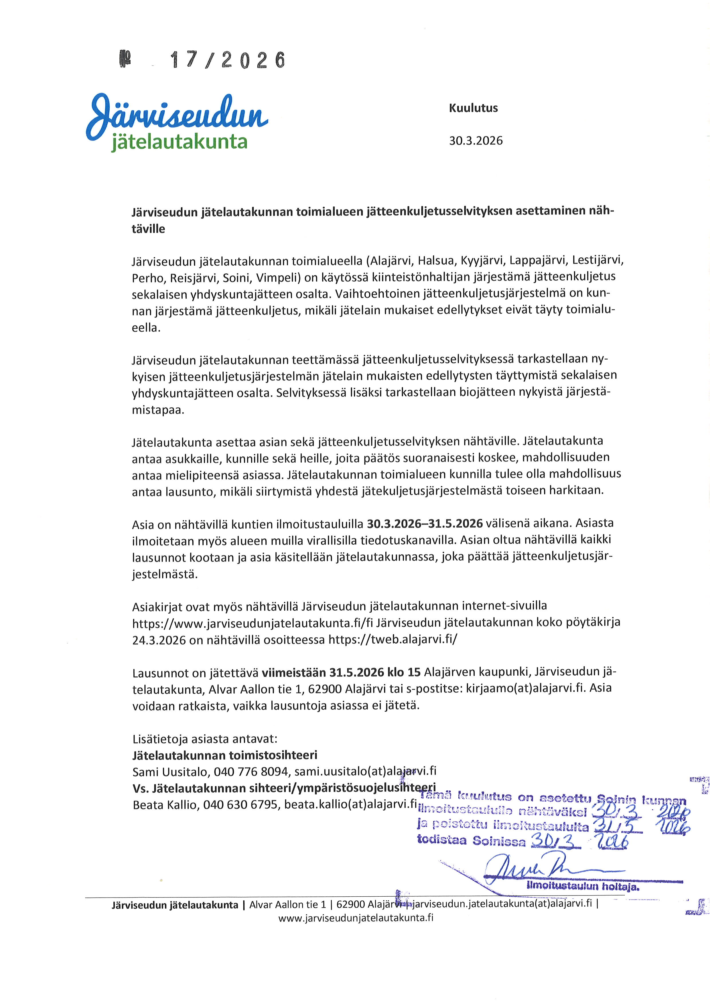 jätelautakunnan kuulutus