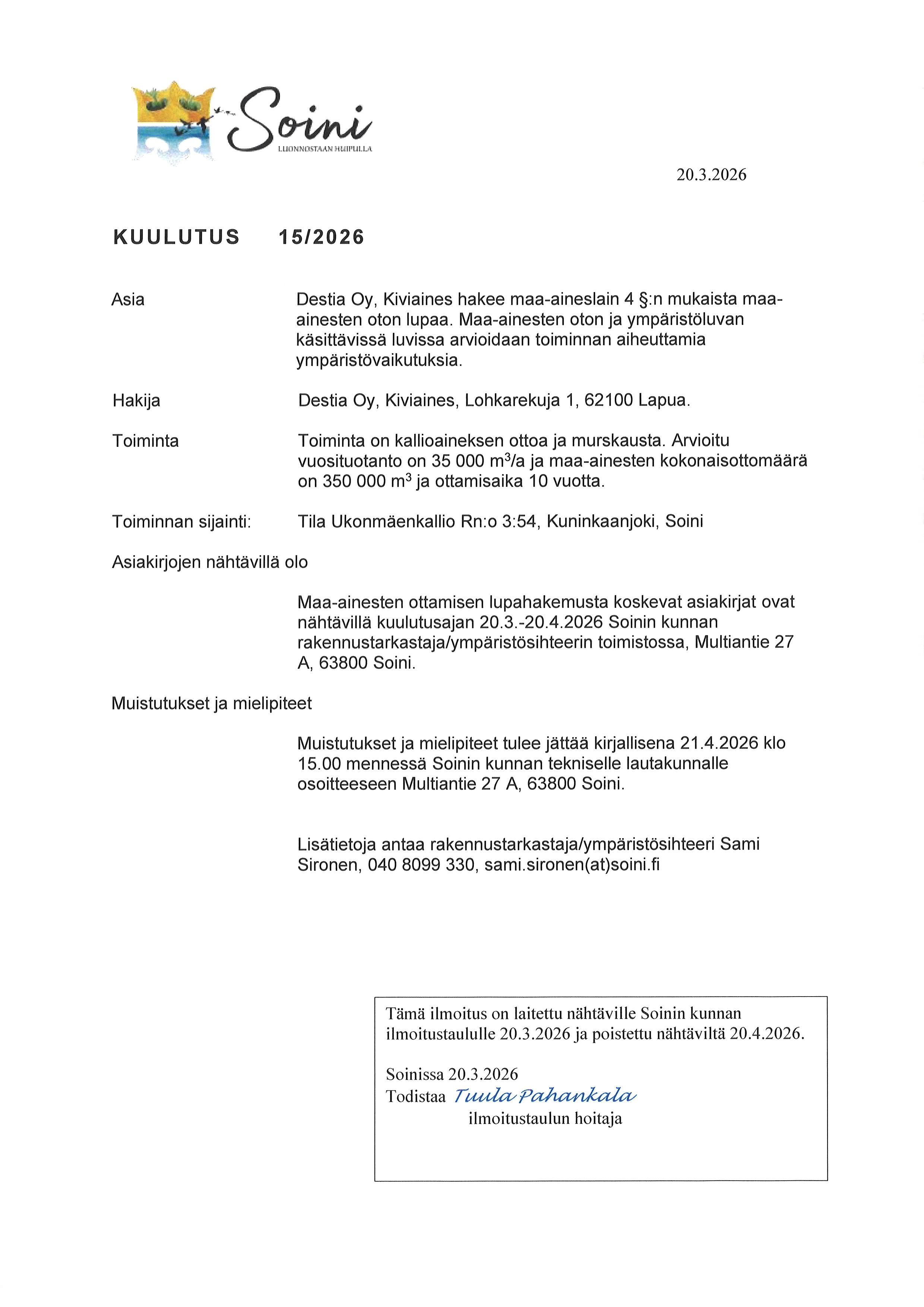 maa-ainelain mukaisen ottoluvan vireilletulo