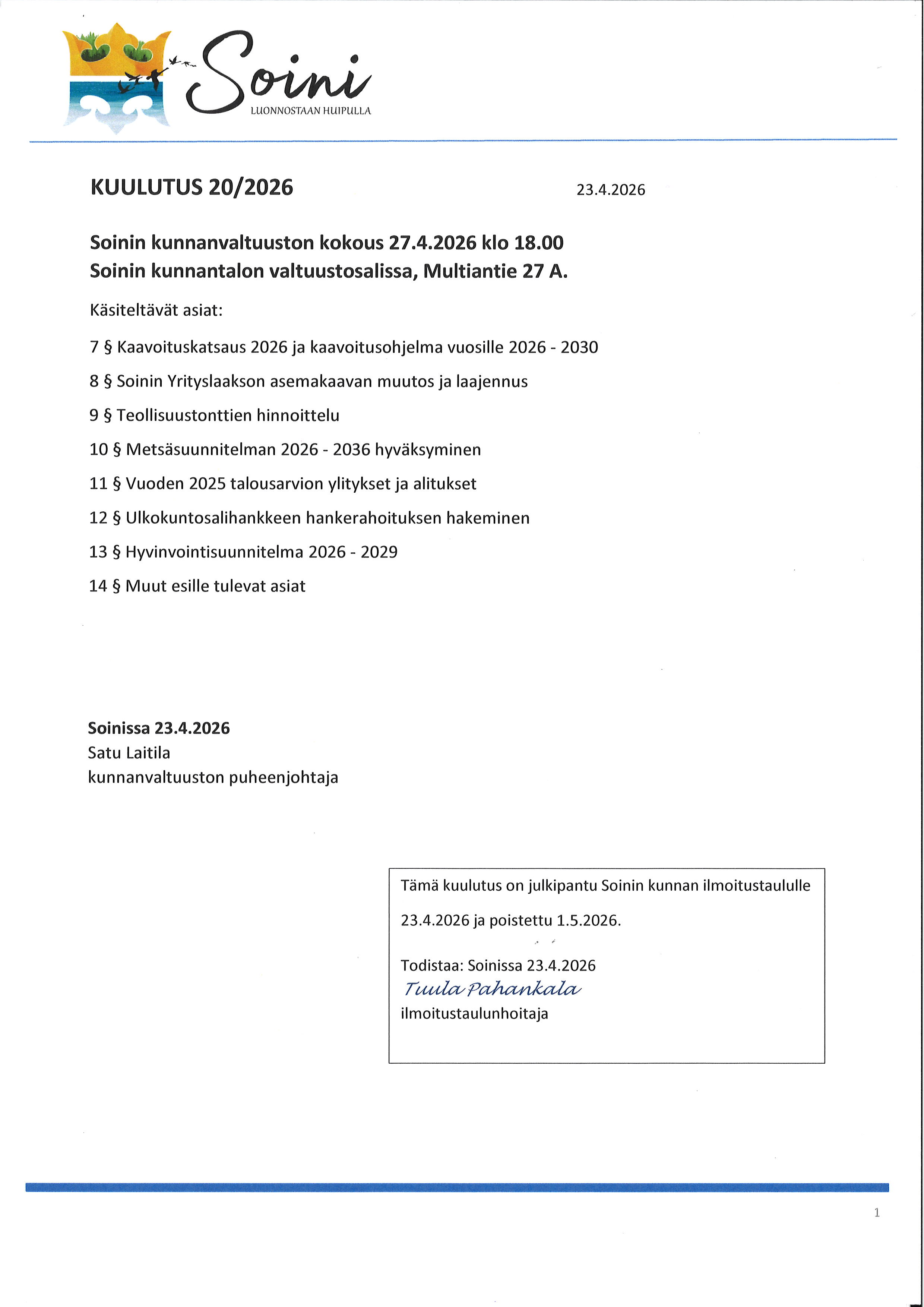 kunnanvaltuuston kokouskutsu 27.4.2026