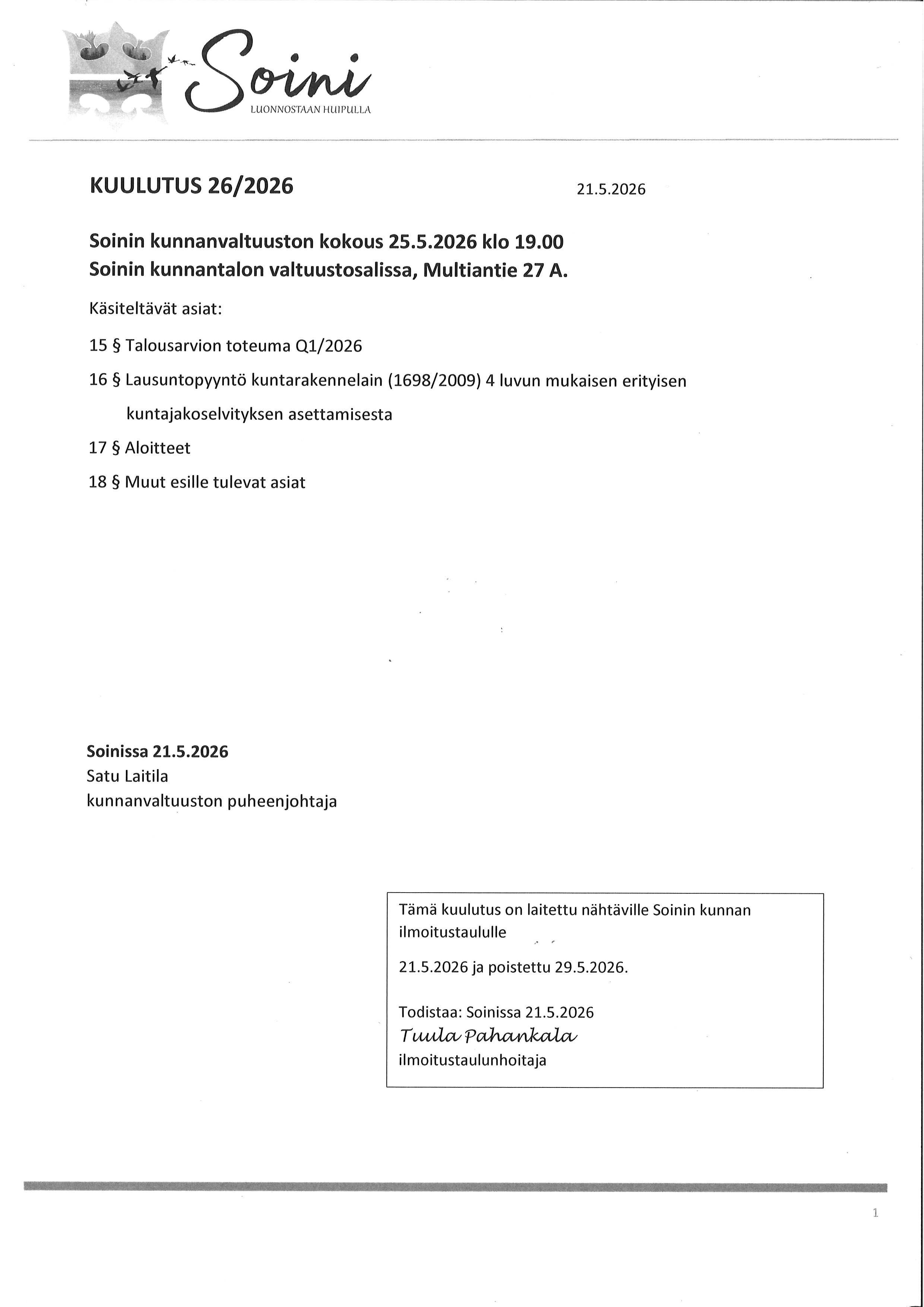 Soinin kunnanvaltuuston kokouskutsu 25.5.2026