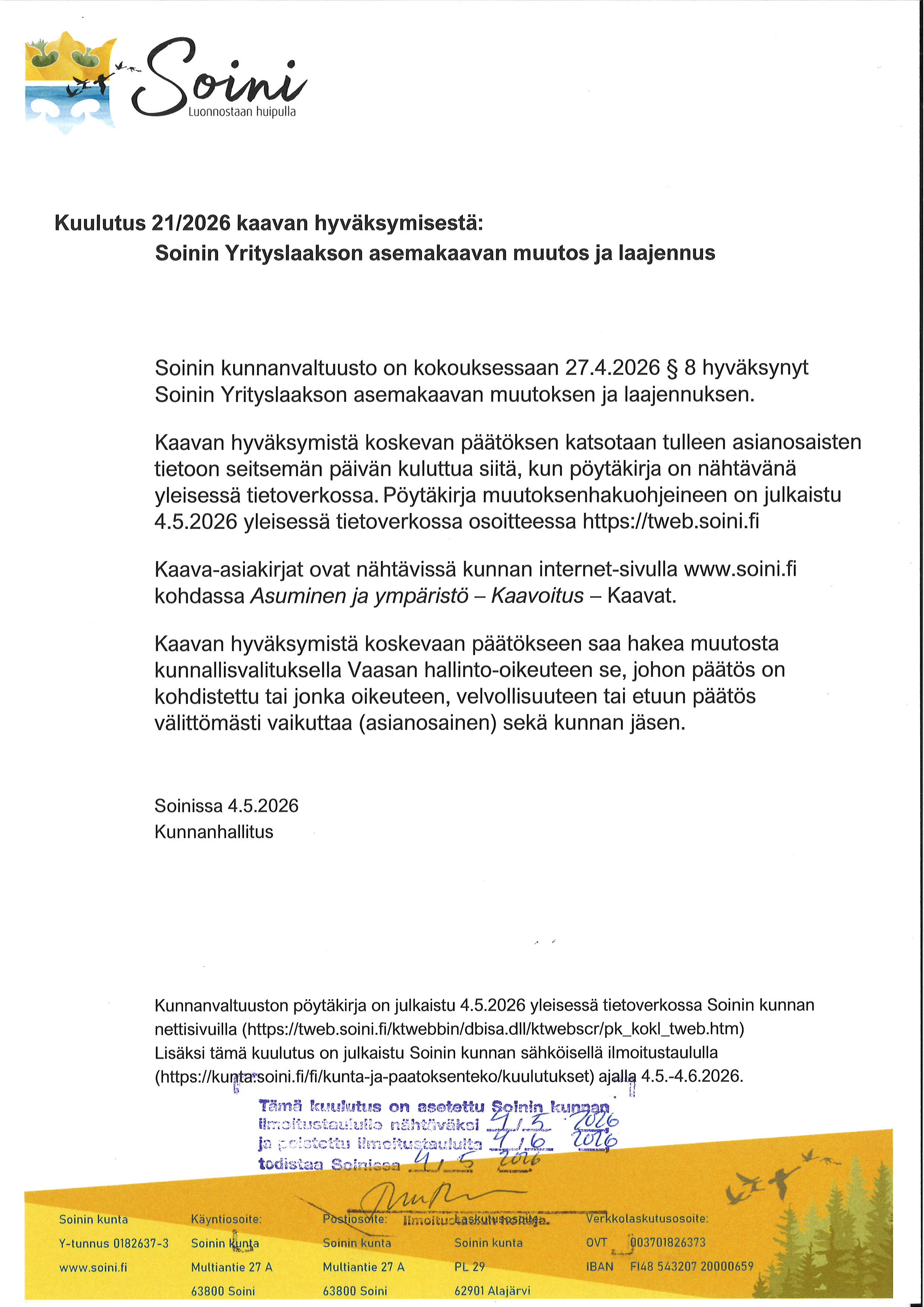 kuulutus kaavan hyväksymisestä Yrityslaakson alueelle