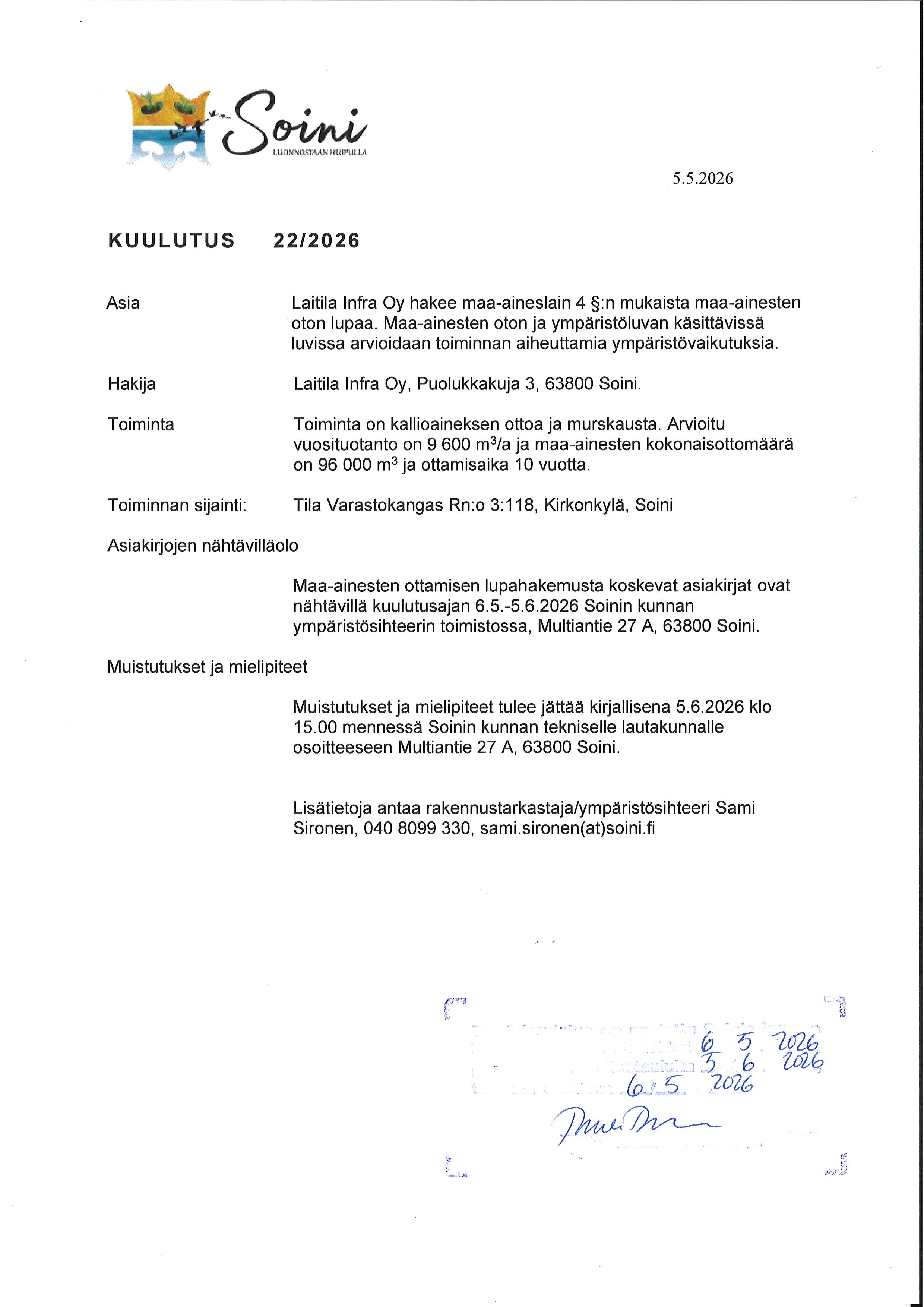 maa-ainesten oton lupahakemuskuulutus