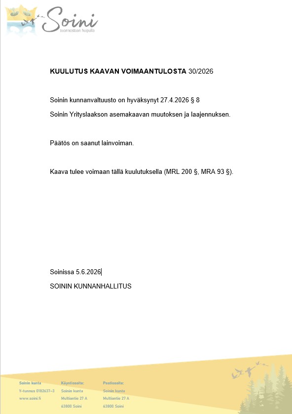 kaavan voimaantulokuulutus