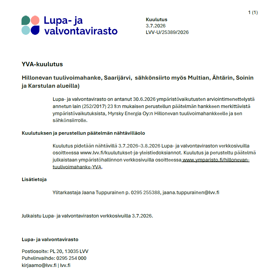 YVA kuulutus Hillonevan tuulivoima-alue