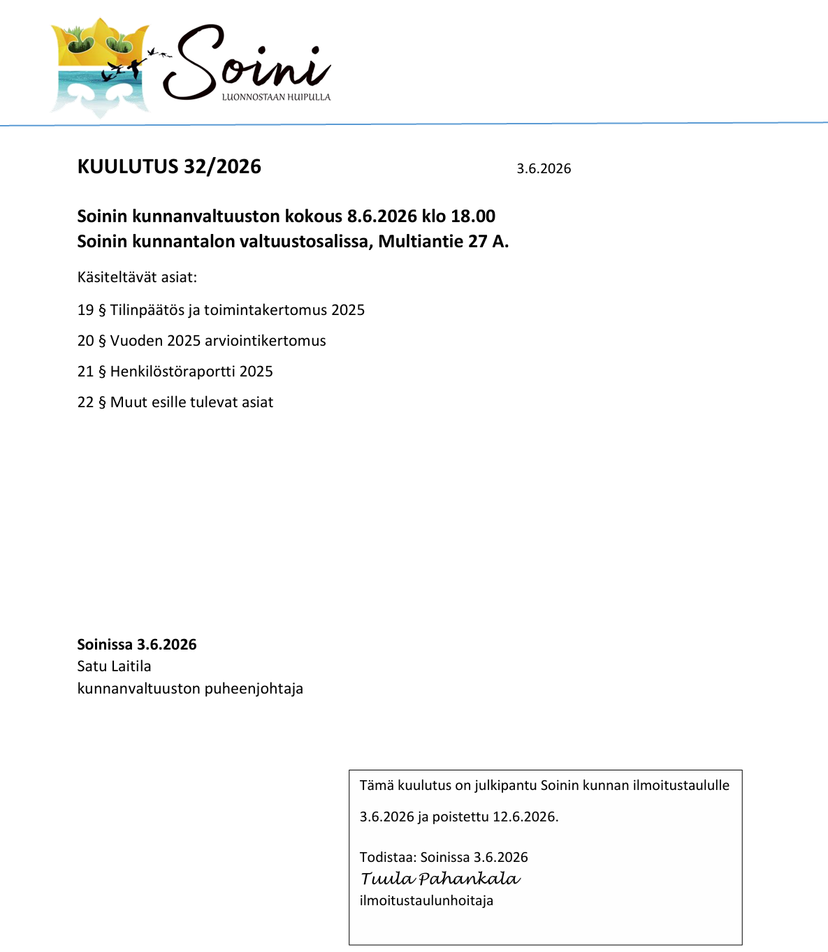 Kunnanvaltuuston kokouskutsu 8.6.2026