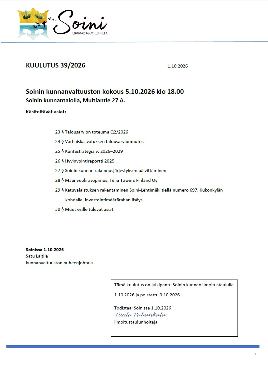 Kunnanvaltuuston kokouskutsu 5.10.2026